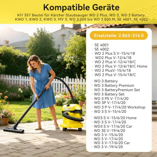 Detalle de 10 Stück Staubsaugerbeutel für Kärcher WD3 – compatible Ersatzbeutel, MV3, SE4001/SE4002