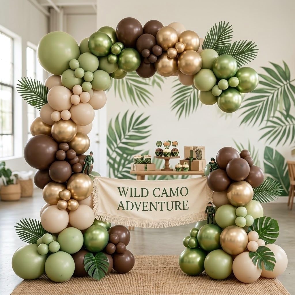 Thumbnail 6 de Sage Green Brown Safari Balloons 60PVC – Dusty Olive Green, Beige, Metallic Gold & Eucalyptus Latex Party Set