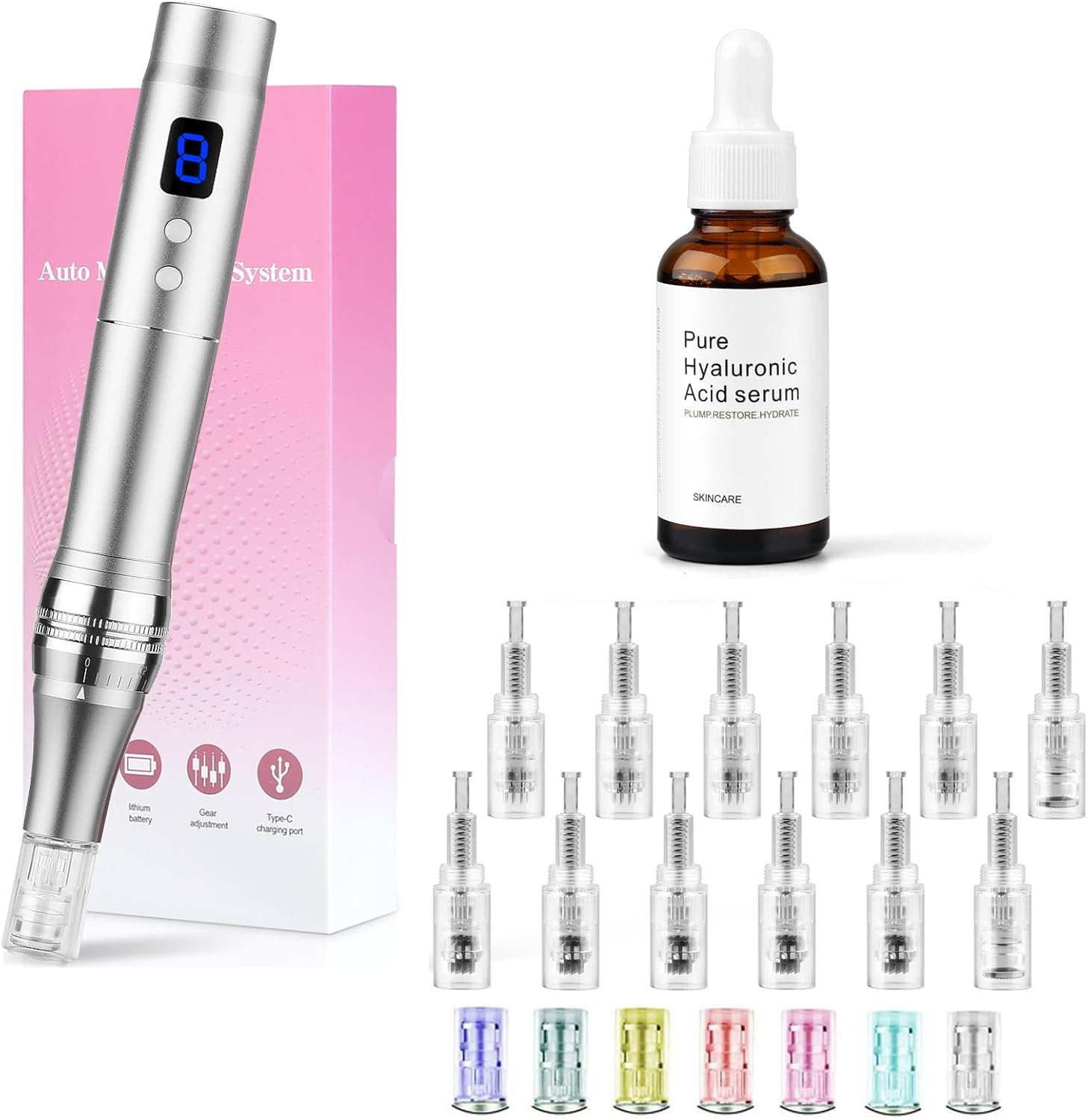 Detalle de Dessnill 8-Speed Electric Microneedling Pen with 0-2.5mm needles, LCD, LED lights and 12 hyaluronic acid serum cartridges