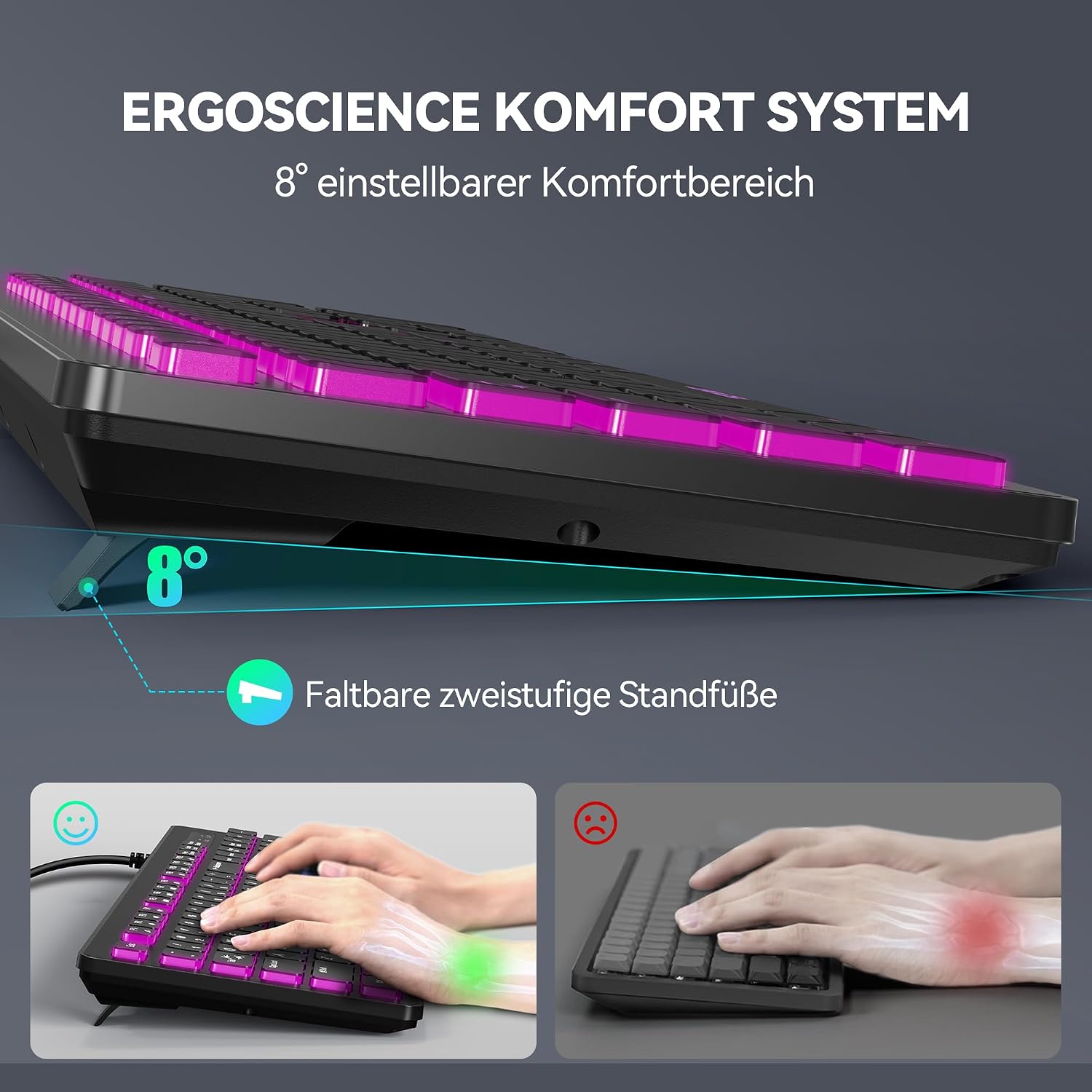 Thumbnail 4 de TECKNET kabelgebundene USB-Tastatur mit 7-Farben RGB-Hintergrundbeleuchtung, Deutsches QWERTZ Vollgröße, spritzwassergeschützt und leise