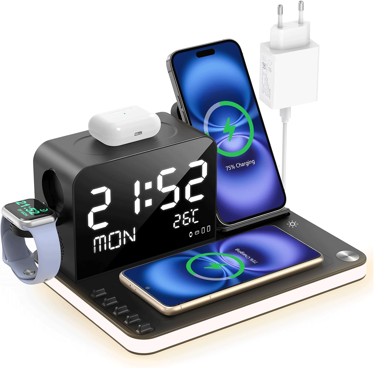 Detalle de Caricabatterie wireless 7 in 1 con orologio e luce notturna: ricarica rapida per iPhone, AirPods, Apple Watch e altro