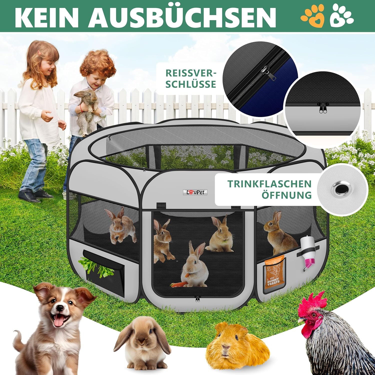 Thumbnail 4 de LOVPET® Welpenlaufstall faltbar inkl. Napf und Fleece-Decke (Pop-up-System) – Hellgrau/Schwarz