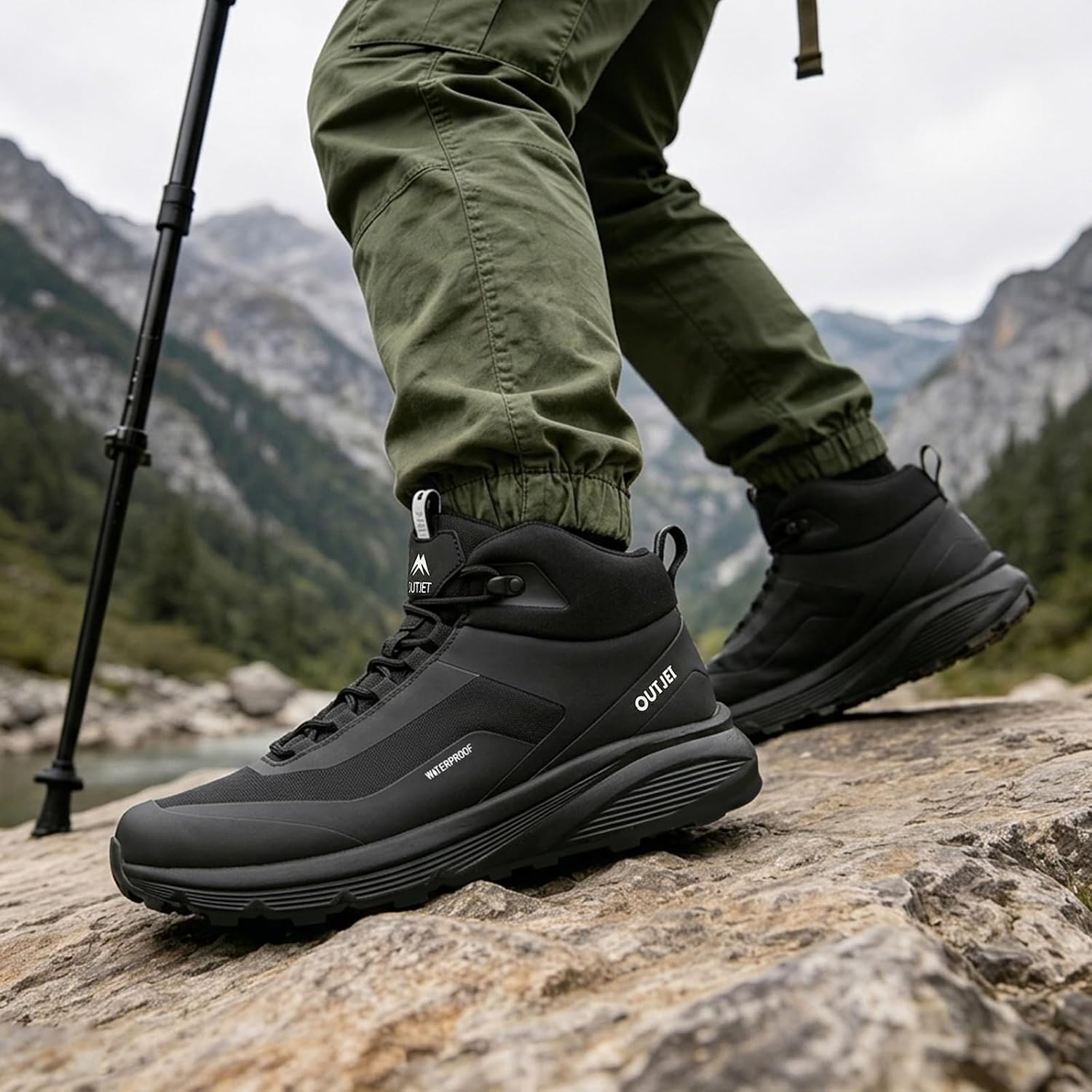 Detalle de OUTJET Men’s Waterproof Hiking Boots (Brown) – Lightweight, breathable outdoor walking treks