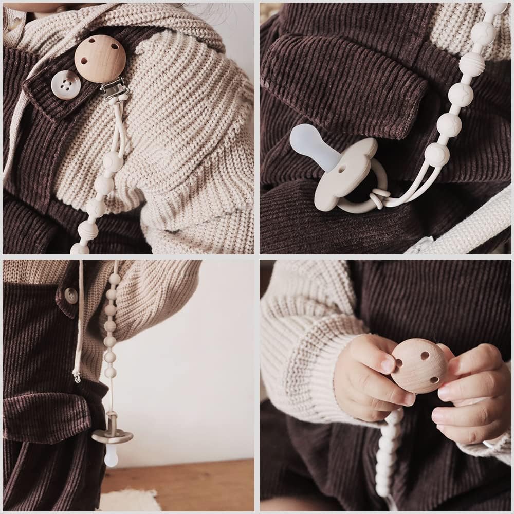 Thumbnail 4 de Dummy Clip, 2 Pack Silicone Pacifier Clips with Wooden Design (White)