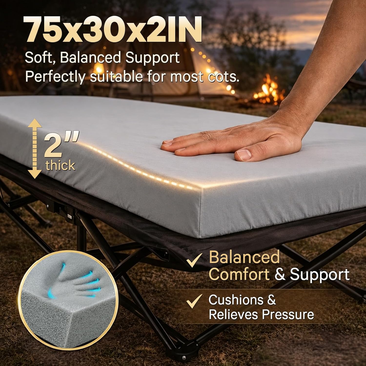Detalle de CYMULA Camping Cot Mattress Topper (2-inch Memory Foam) — Portable Roll-Up Mattress Pad for Adults (only mattress)