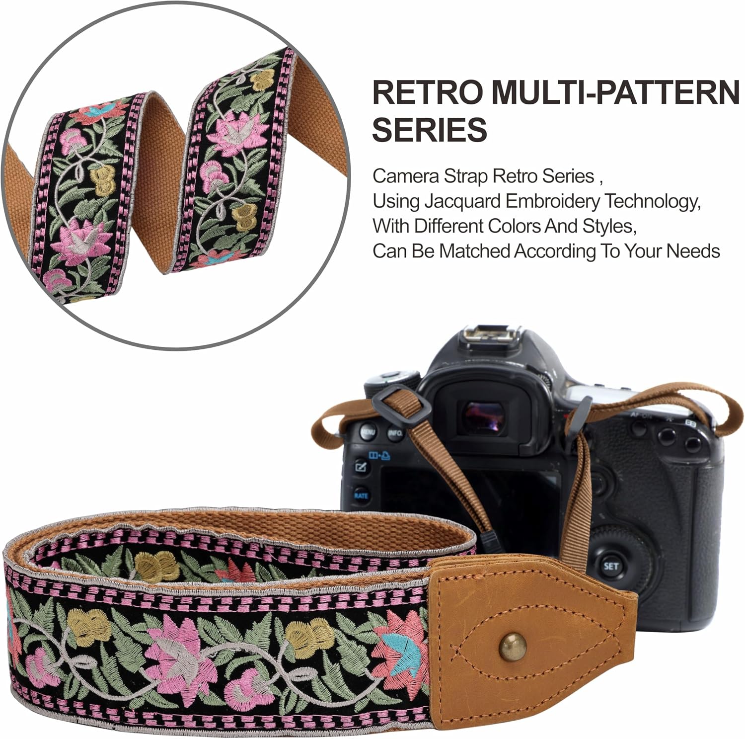 Detalle de Padwa Lifestyle Embroidered Flower Camera Strap – 2" Wide, Vintage Cowhide, Comfortable and Universal
