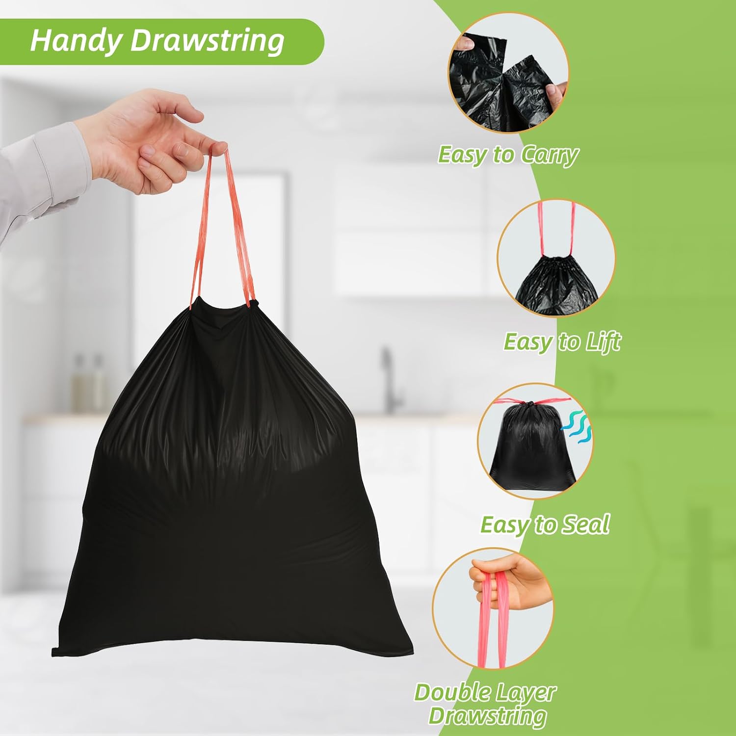 Detalle de MakMeFre 100L Drawstring Bin Bags, 80 x 100cm, Heavy-Duty, 30 Pack