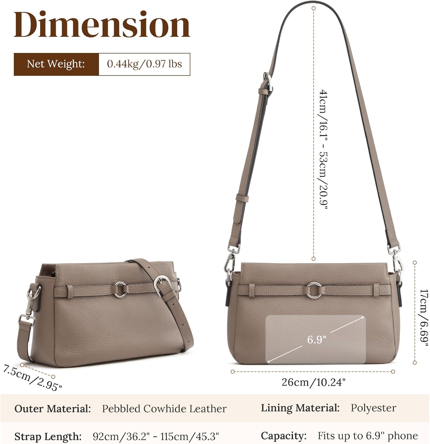Thumbnail 5 de S-ZONE Femme Sac Bandoulière Moyen en Cuir Grainé avec Bandoulière Réglable