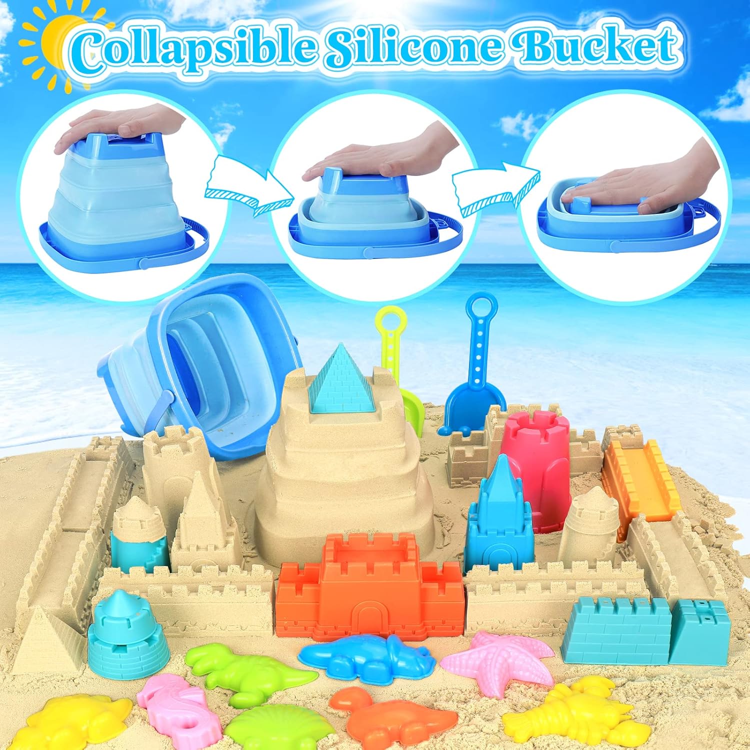 Thumbnail 1 de Collapsible Beach Toys for Kids Toddlers: 22-Piece Packable Sand Toy Set with Mesh Bag