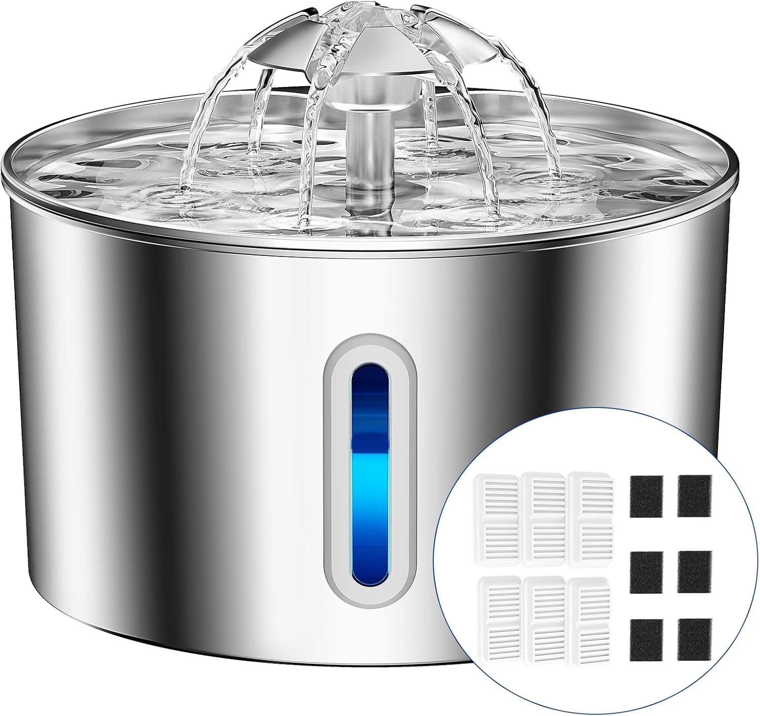 BalimoPet Fontanella per gatti in acciaio inox 304 da 2,2 L con filtraggio quadruplo, pompa super silenziosa e LED