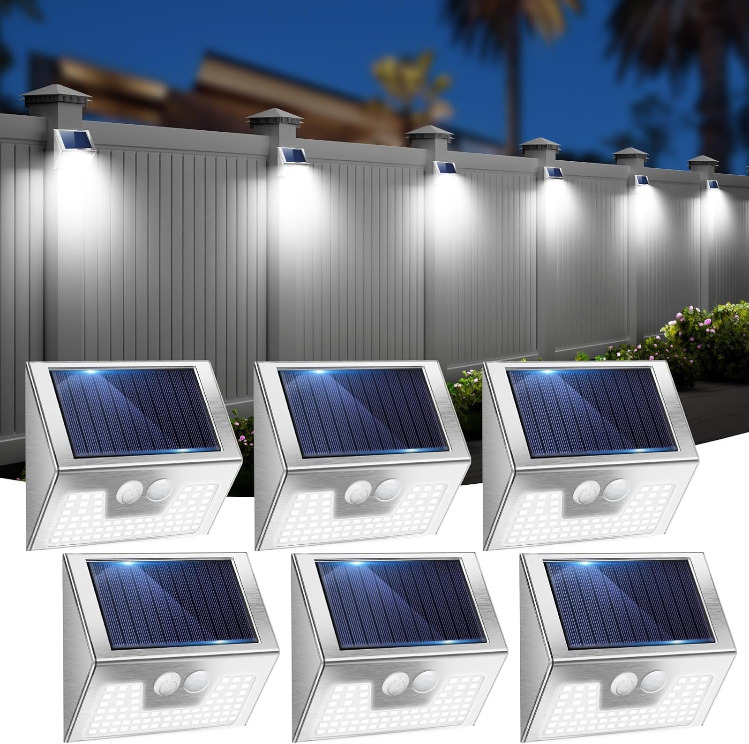 Detalle de Vighep Solar Lights Outdoor Motion Sensor – 6 Pack, Stainless Steel, IP65 Waterproof, 3 Lighting Modes