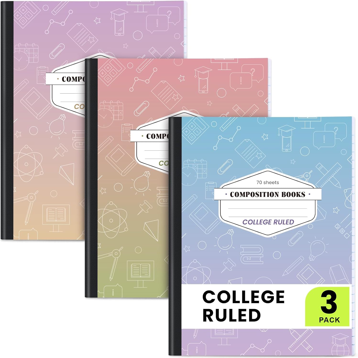 Detalle de Oucaru 3-Pack Composition Notebooks, College Ruled, Pastel Gradient Covers