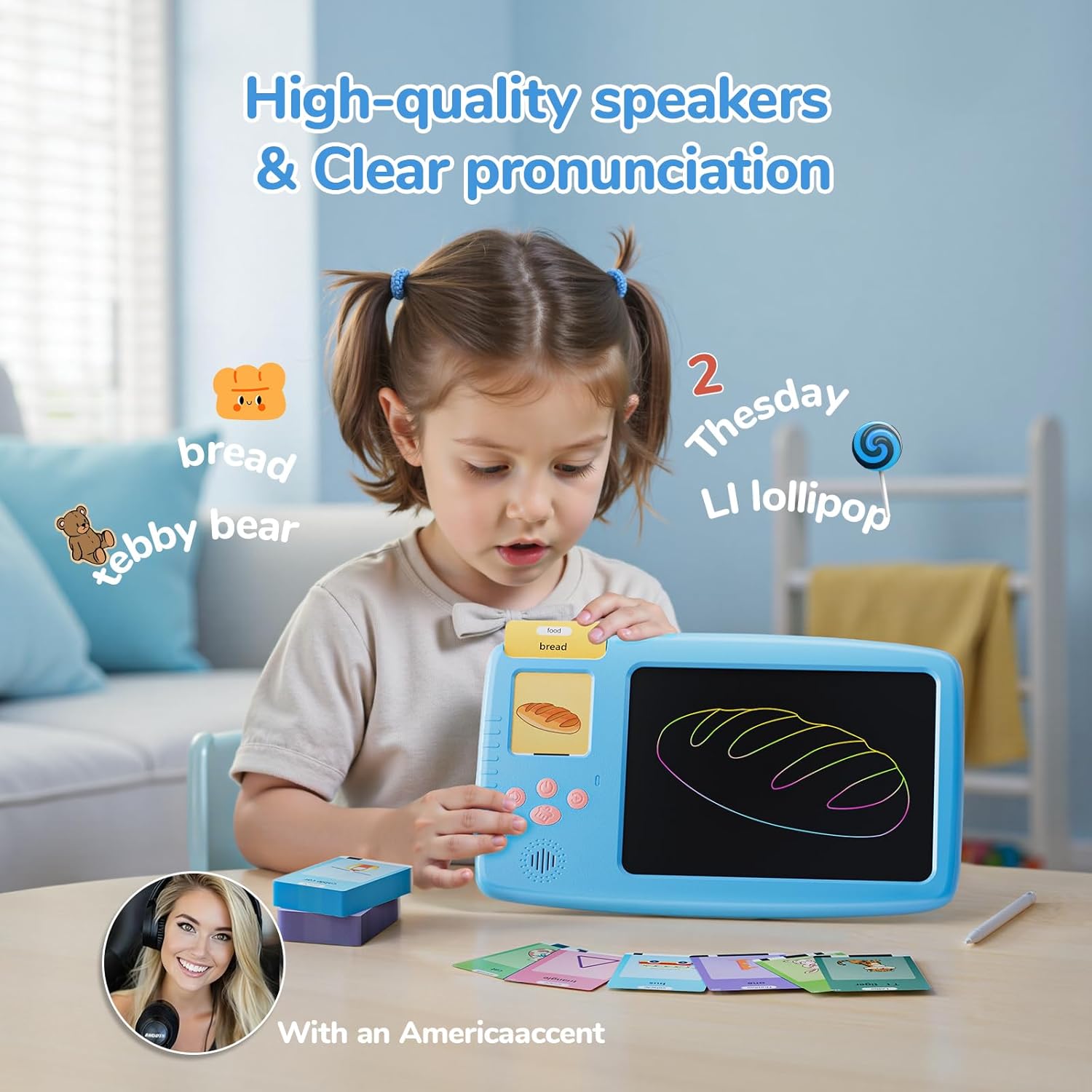 Thumbnail 4 de ZONSTVYS Talking Flash Cards for Toddlers: 2-in-1 LCD Writing Tablet with 510 Sight Words (Blue)