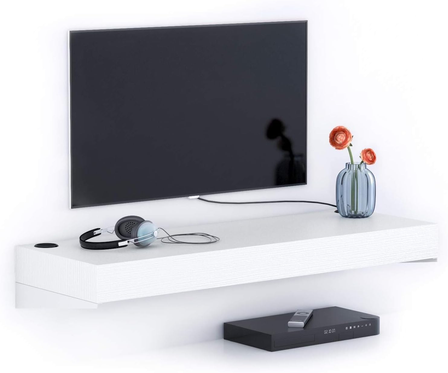 Detalle de Mobili Fiver Evolution 120x40 — Support TV mural en Frêne Blanc avec chargeur sans fil (Made in Italy)