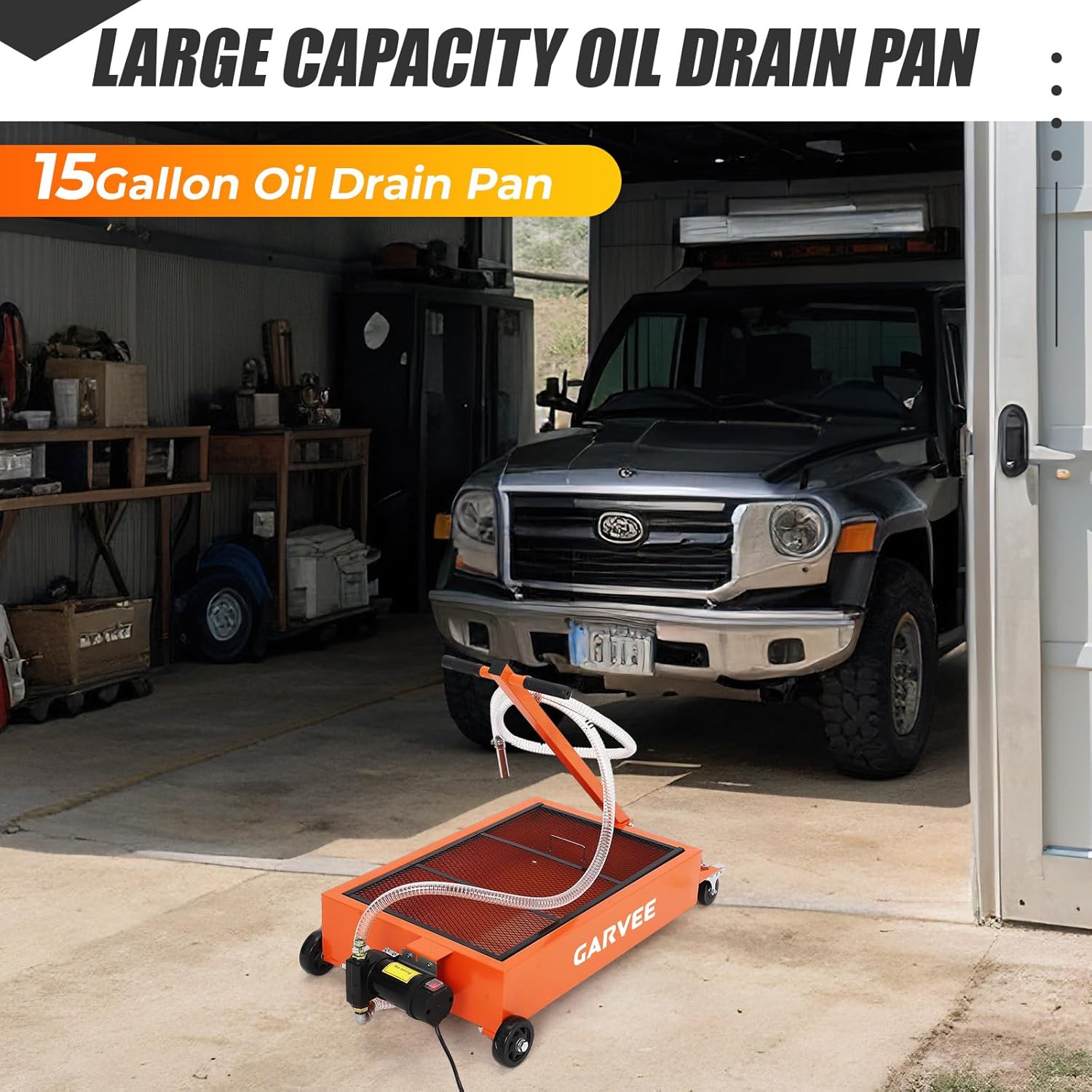 Detalle de Garvee 15-Gallon Waste Oil Drain Pan with 110V Pump and Rolling Cart
