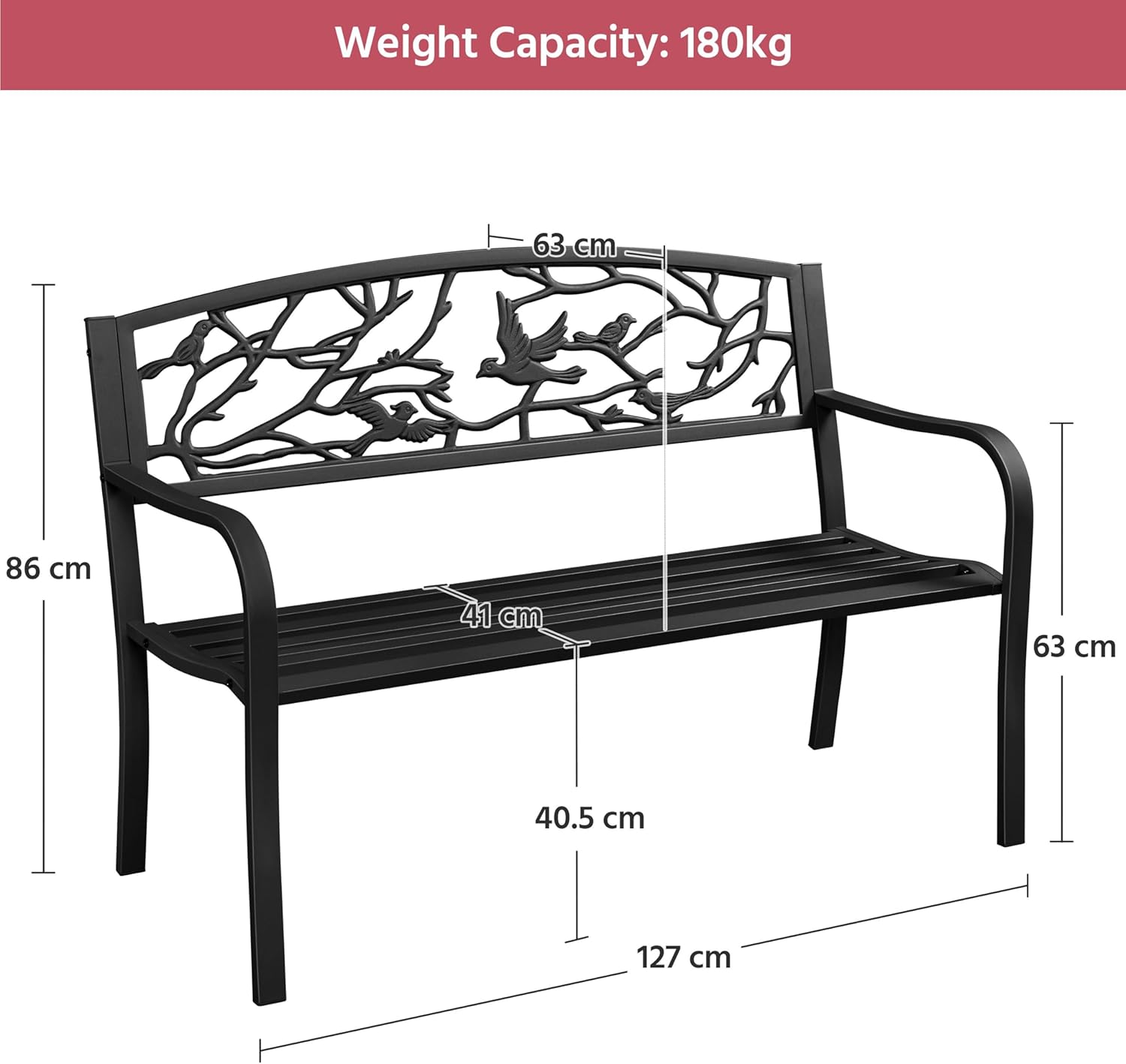 Detalle de Yaheetech panca da giardino in ferro 127×52×86 cm con braccioli e schienale decorato, portata 180 kg, colore nero