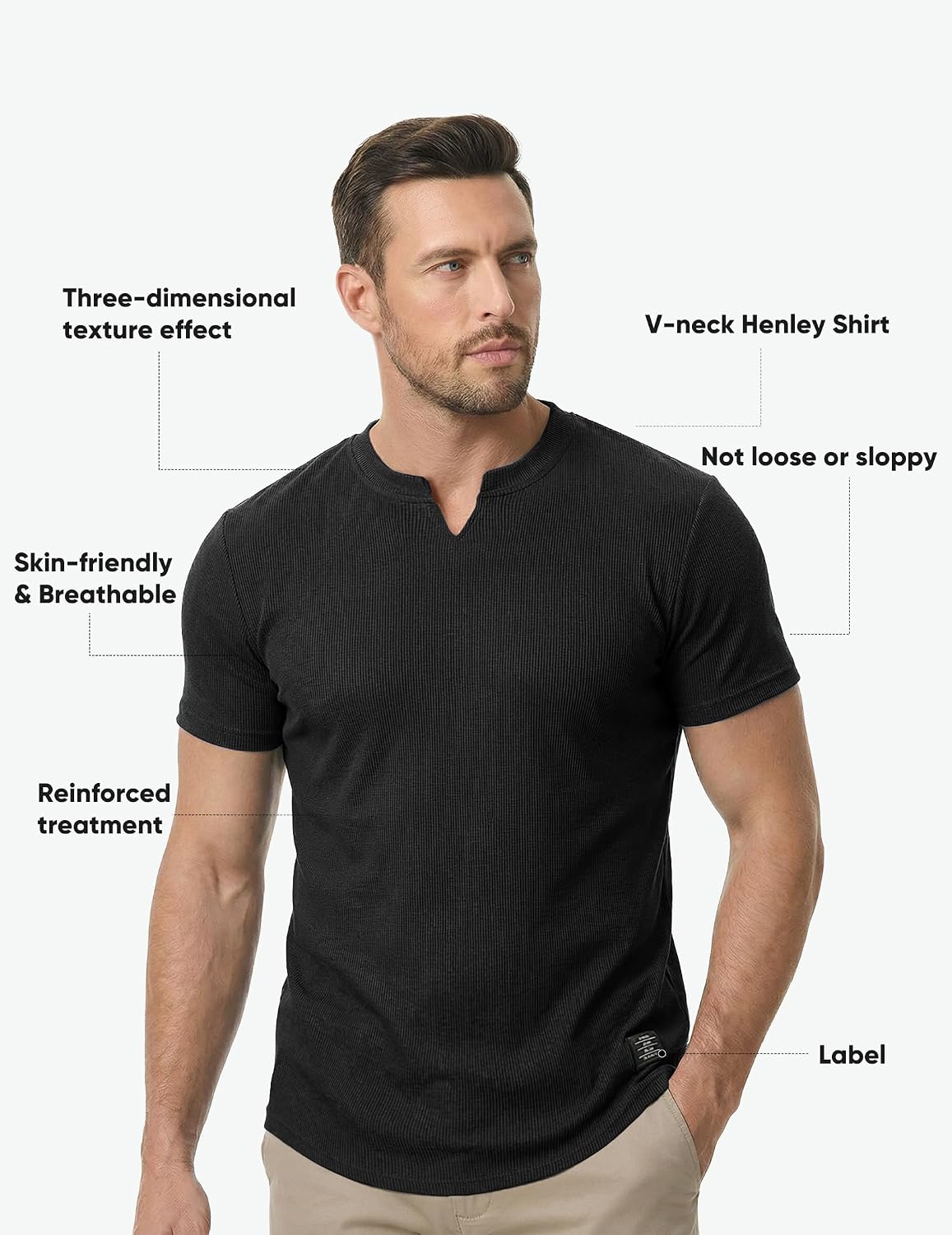 Detalle 2 de JMIERR Men’s Muscle Slim Texture V-Neck Longline Henley T-Shirt