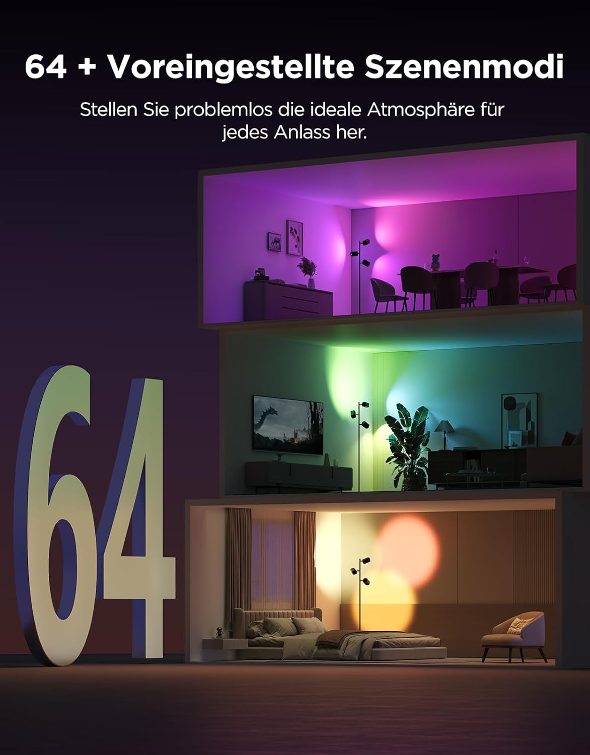 Thumbnail 4 de Govee 3-Flammen LED Stehlampe – RGBWW Fokus-Verstellbar, 1500 lm, Alexa/Matter kompatibel, 64 Szenen, Musiksync, 157 cm, Schwarz