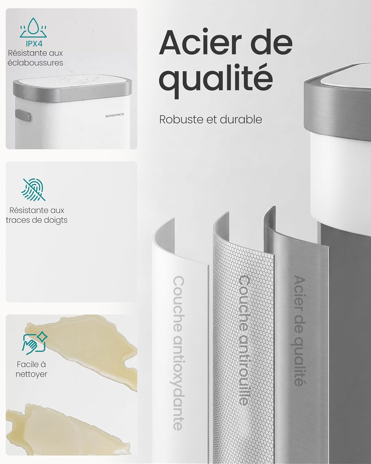 Detalle de SONGMICS LTB640E01 — Poubelle de cuisine automatique 50 L à capteur et fermeture douce