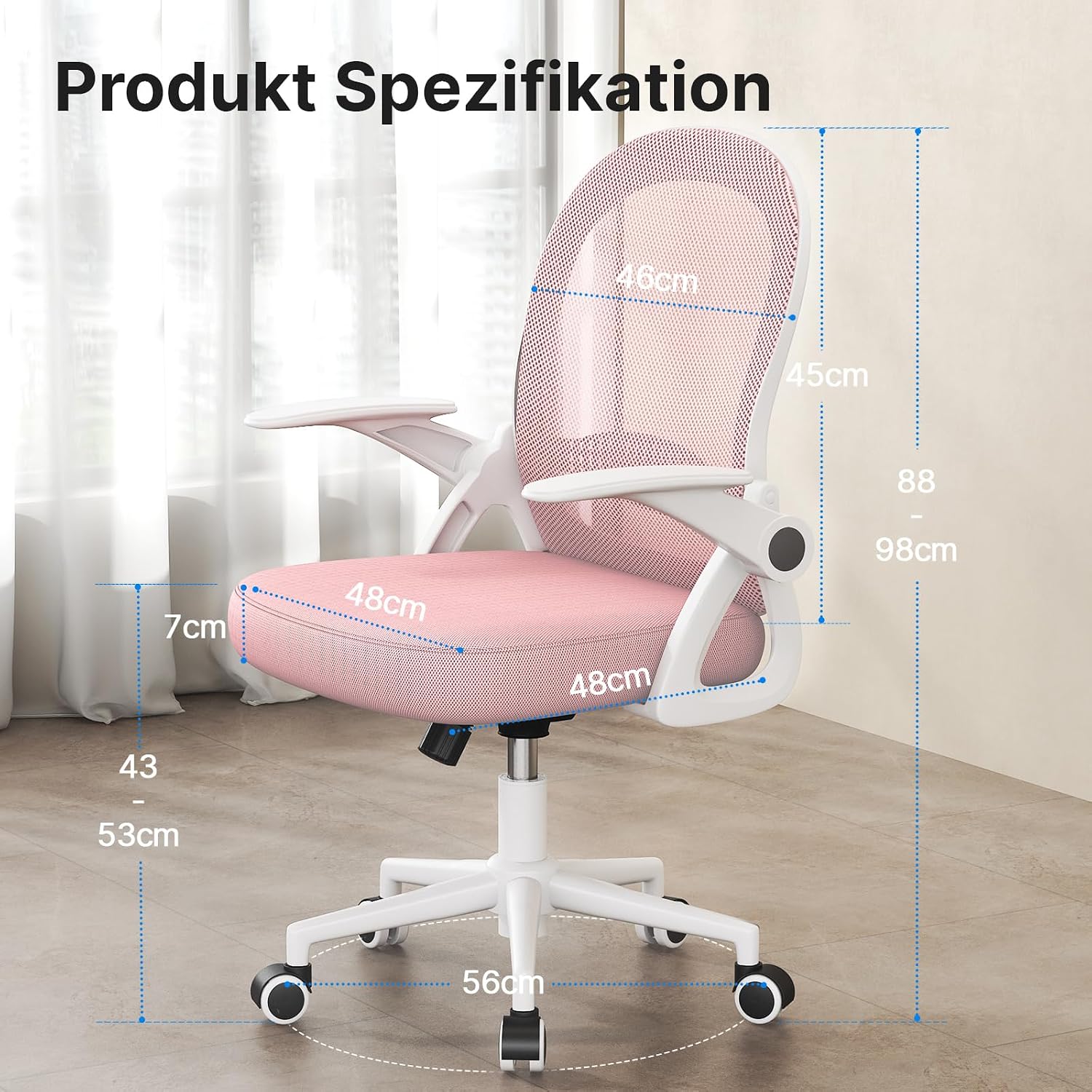 Detalle de naspaluro Bürostuhl mit atmungsaktiver Mesh-Rückenlehne, höhenverstellbaren Sitz und 90° hochklappbaren Armlehnen (rosa)