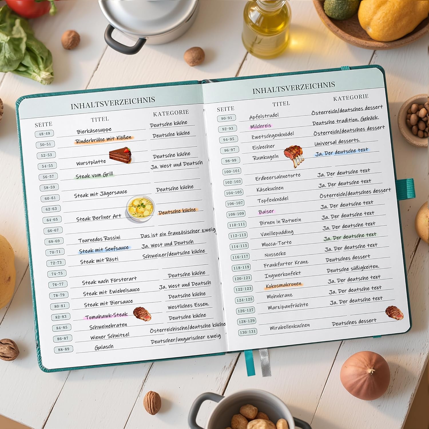 Detalle de Rezeptbuch A5 zum Selberschreiben – Notizbuch für Lieblingsrezepte mit Inhaltsverzeichnis & Register, Grün
