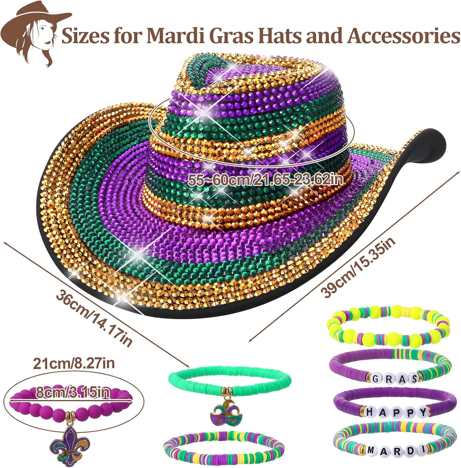 Detalle de Meng Jiaran Glitter Sequin Cowboy Hat with Bead Bracelets – Unisex Festival Accessory Set