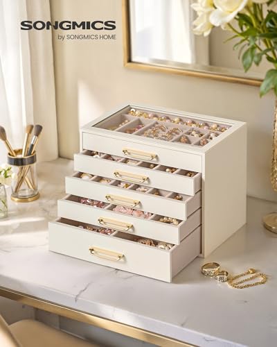 Detalle 2 de SONGMICS Grande Boîte à Bijoux avec 5 Tiroirs et Couvercle en Verre