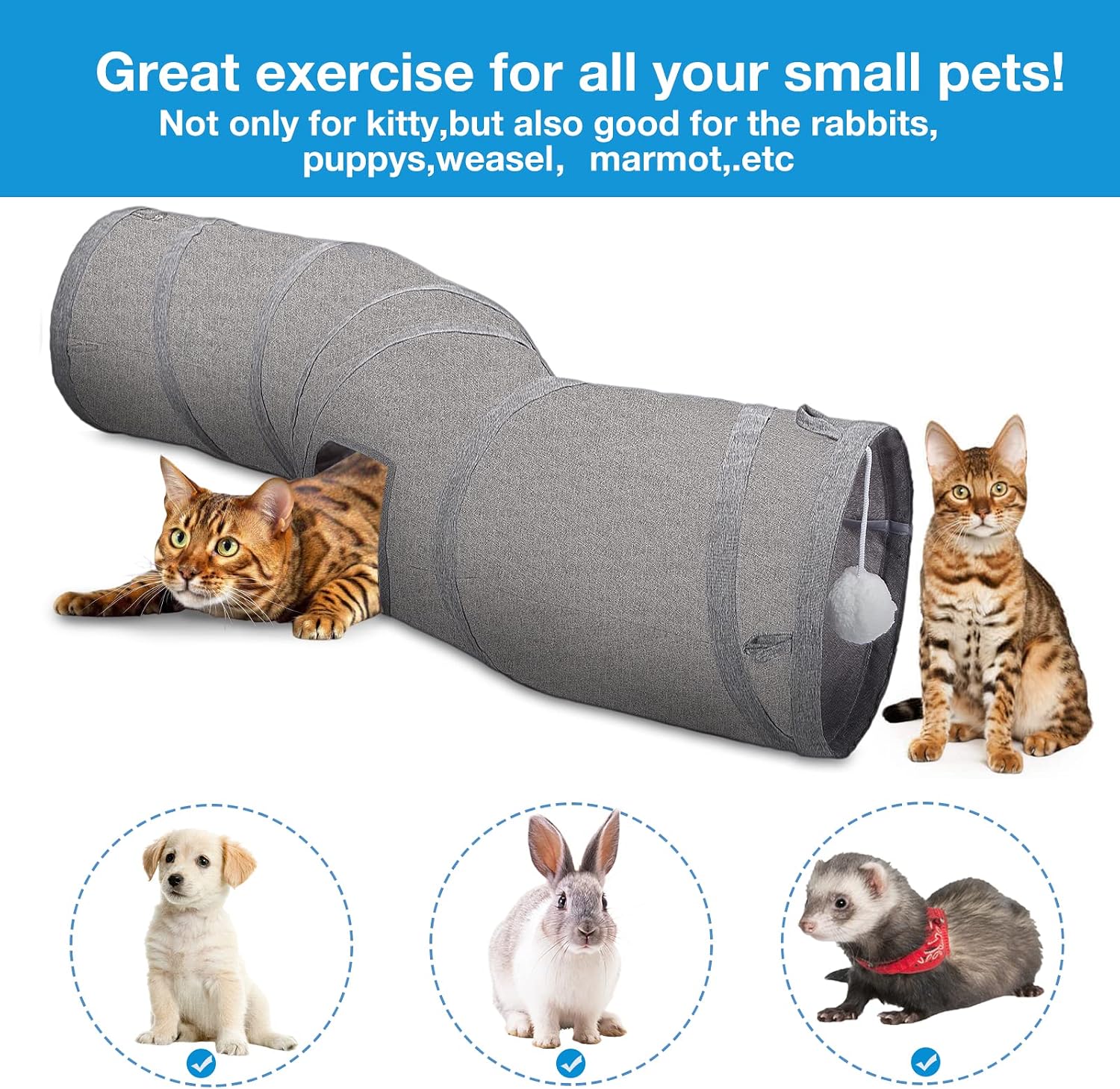 Detalle de Ownpets Cat Tunnel S-Shape with Hanging Balls (25 x 120cm) – Foldable Oxford Play Tube for Indoor Kittens