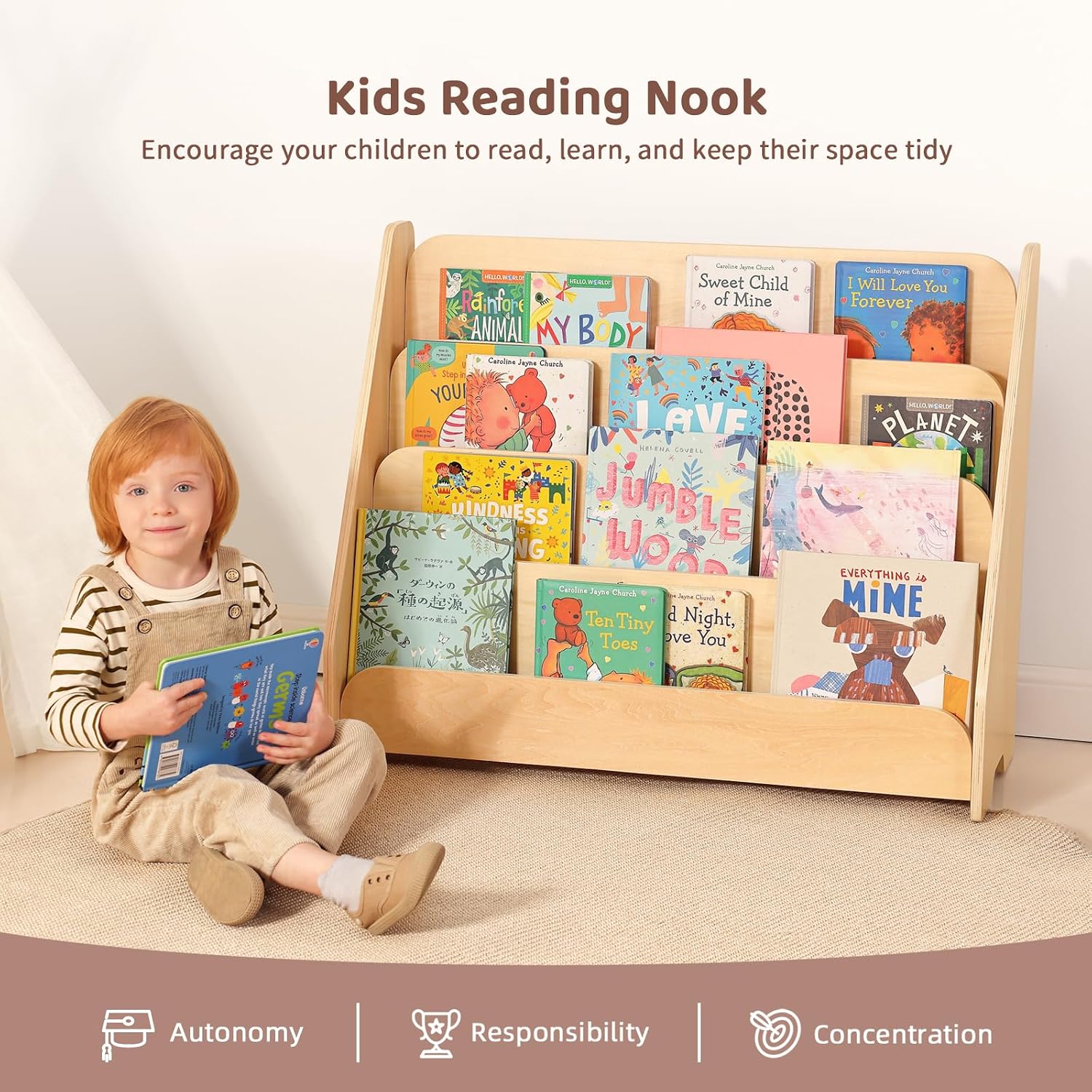 Detalle de OOOK BCOK060 4-Tier Kids Bookshelf, Front-Facing Wooden Bookcase
