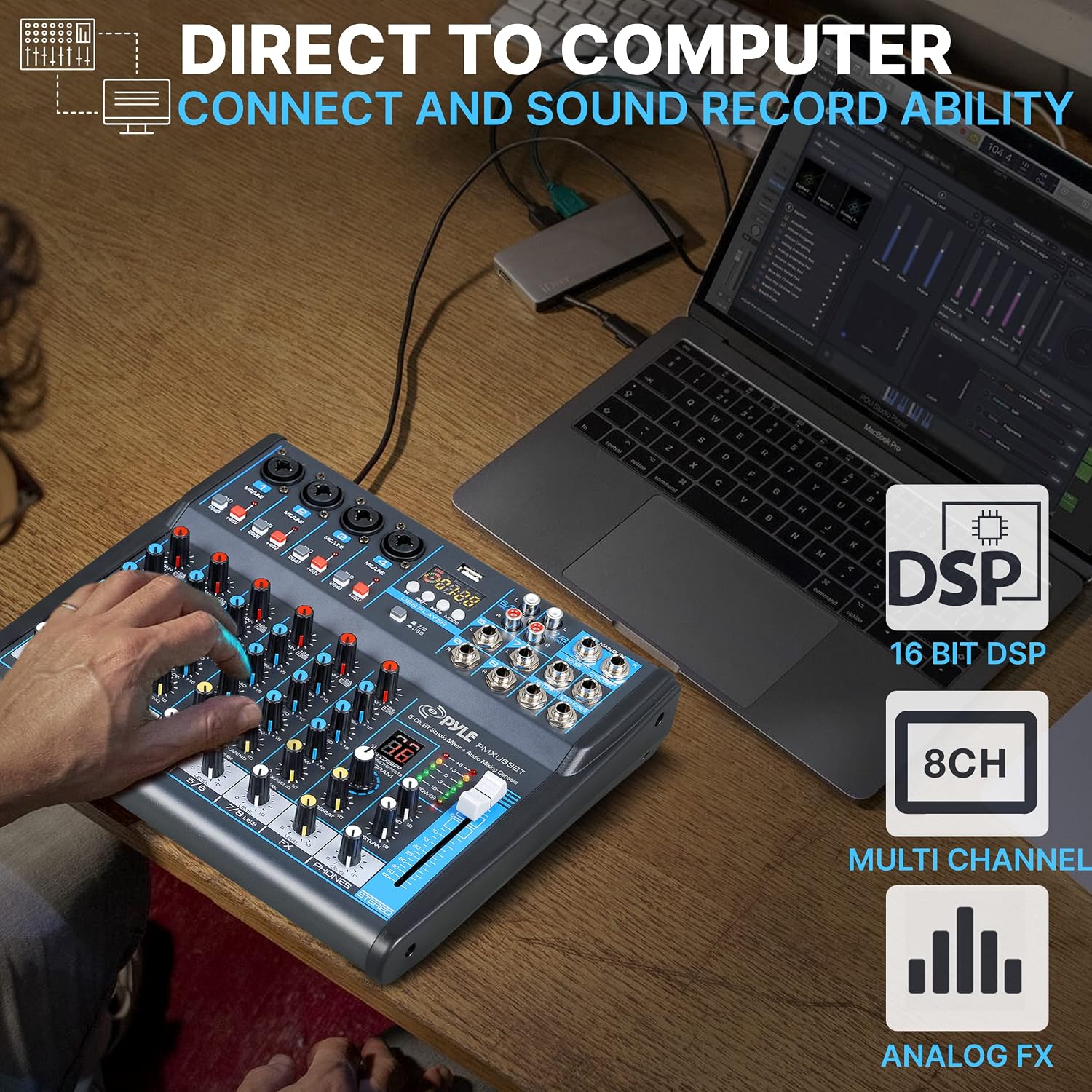 Detalle 2 de Pyle PMXU83BT.5 8-Channel Bluetooth Studio Mixer with USB Recording and DSP FX
