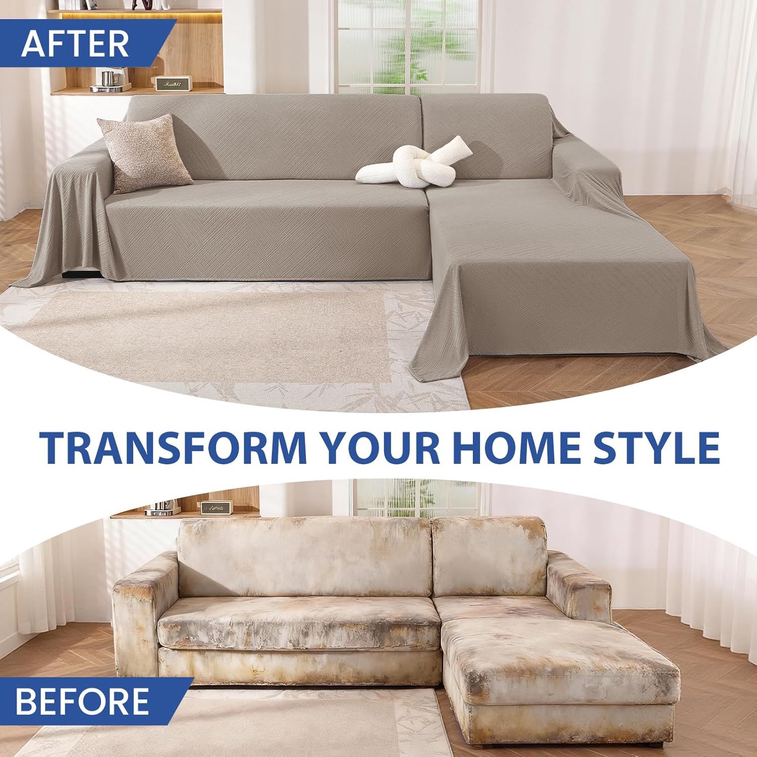 Thumbnail 5 de Ystyle Telo Copridivano Angolare 2 Pezzi – Copri Divano a L Antimacchia Lavabile, 200x260 cm + 200x280 cm, Telo Copridivano Universale per Angolo, Grano Cachi