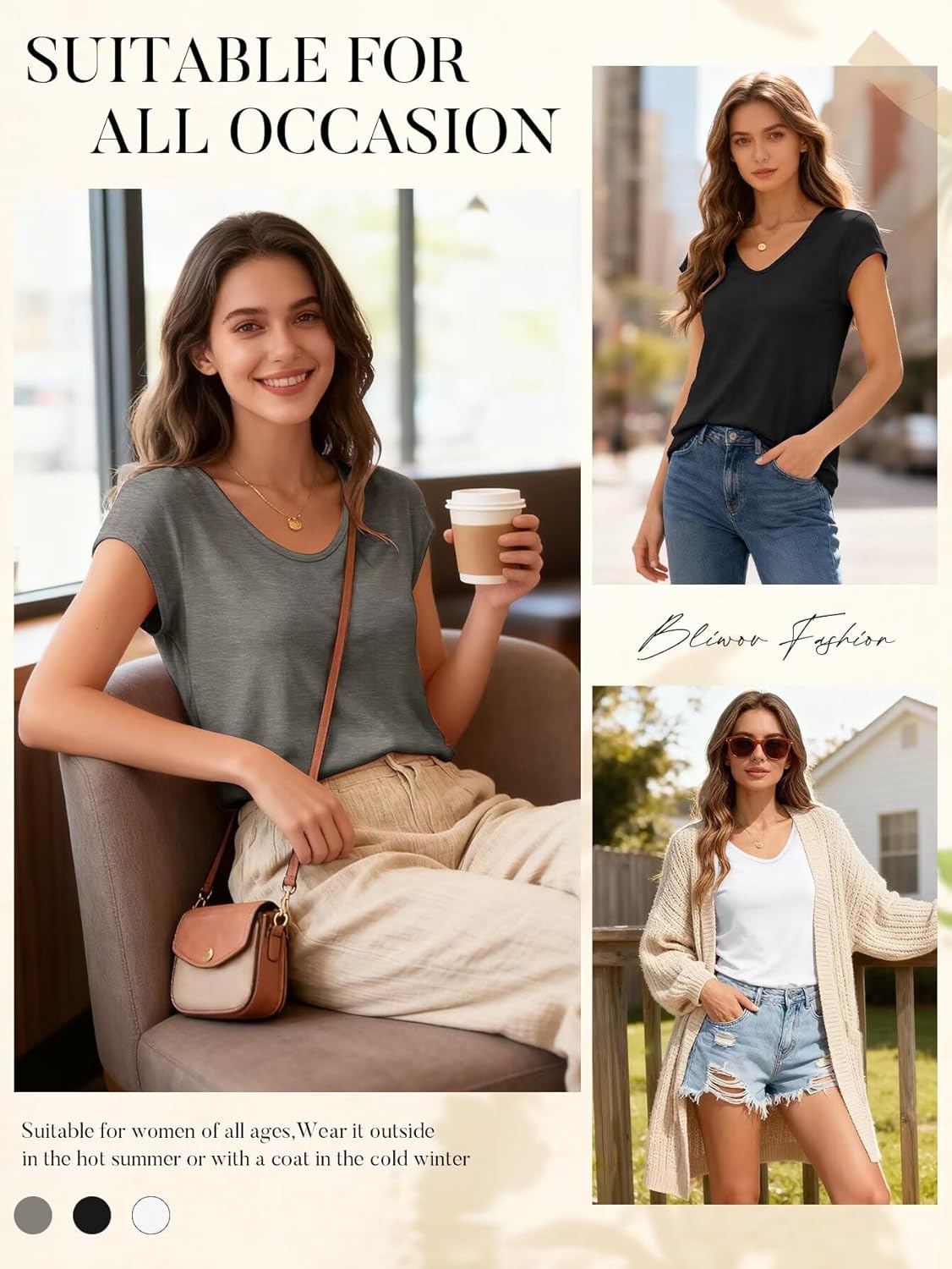 Thumbnail 4 de Bliwov 3-Pack Women’s Cap Sleeve V-Neck T-Shirts (Polyester/Rayon/Spandex)