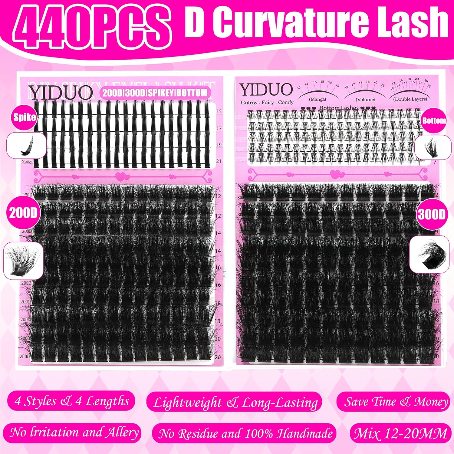 Thumbnail 5 de YIDUO Lash Clusters Kit 3D Volume 200D+300D Mix with Spikes, Bottom Clusters, and Lash Bond Set