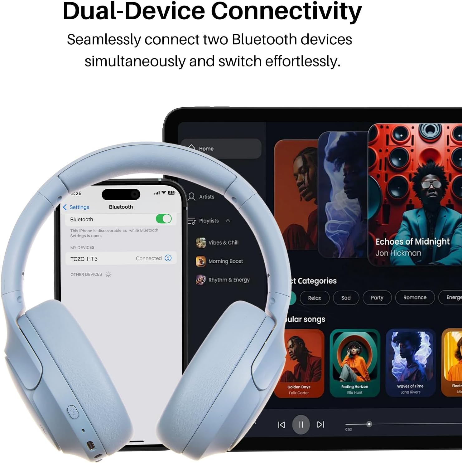 Thumbnail 6 de TOZO HT3 Over-Ear Bluetooth-Kopfhörer mit ANC, 5 Mikrofonen, bis zu 90 Std. Laufzeit und Transparenzmodus