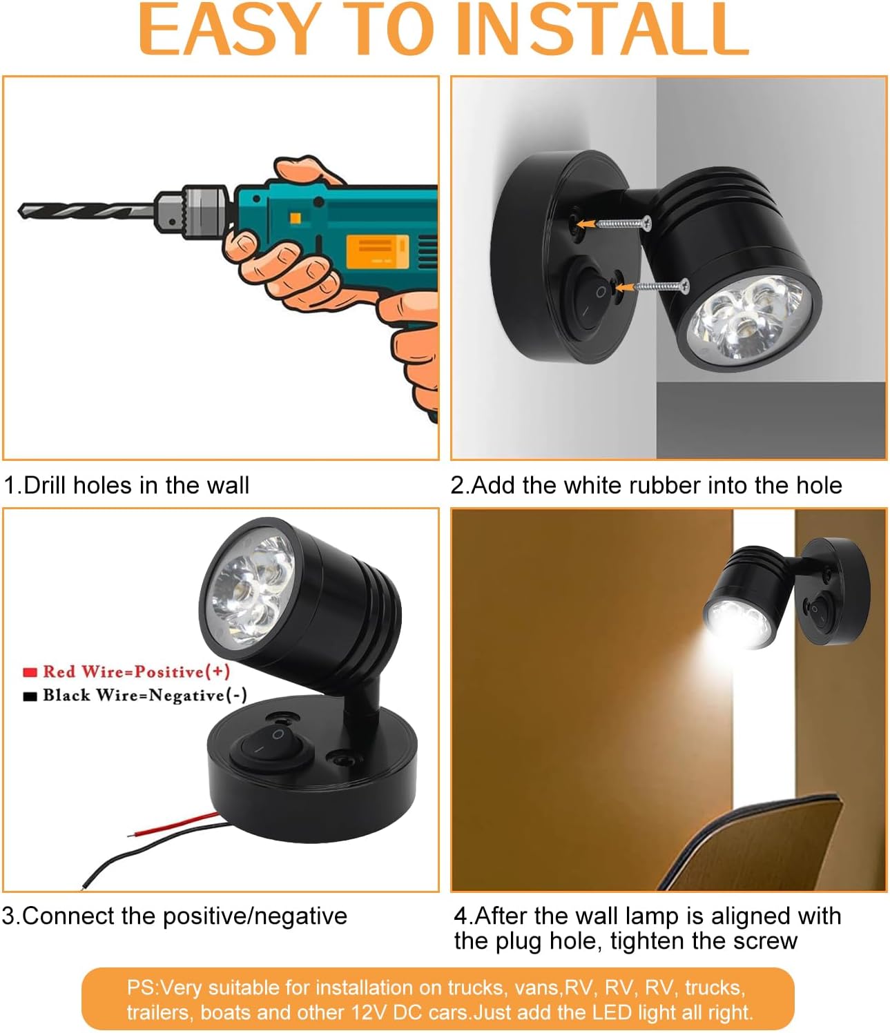 Detalle de ICOUVA 12V LED Spot Reading Light (2-Pack) – Warm White, Wall Mounted, 360° Rotatable for Camper Van, RVs, Boats