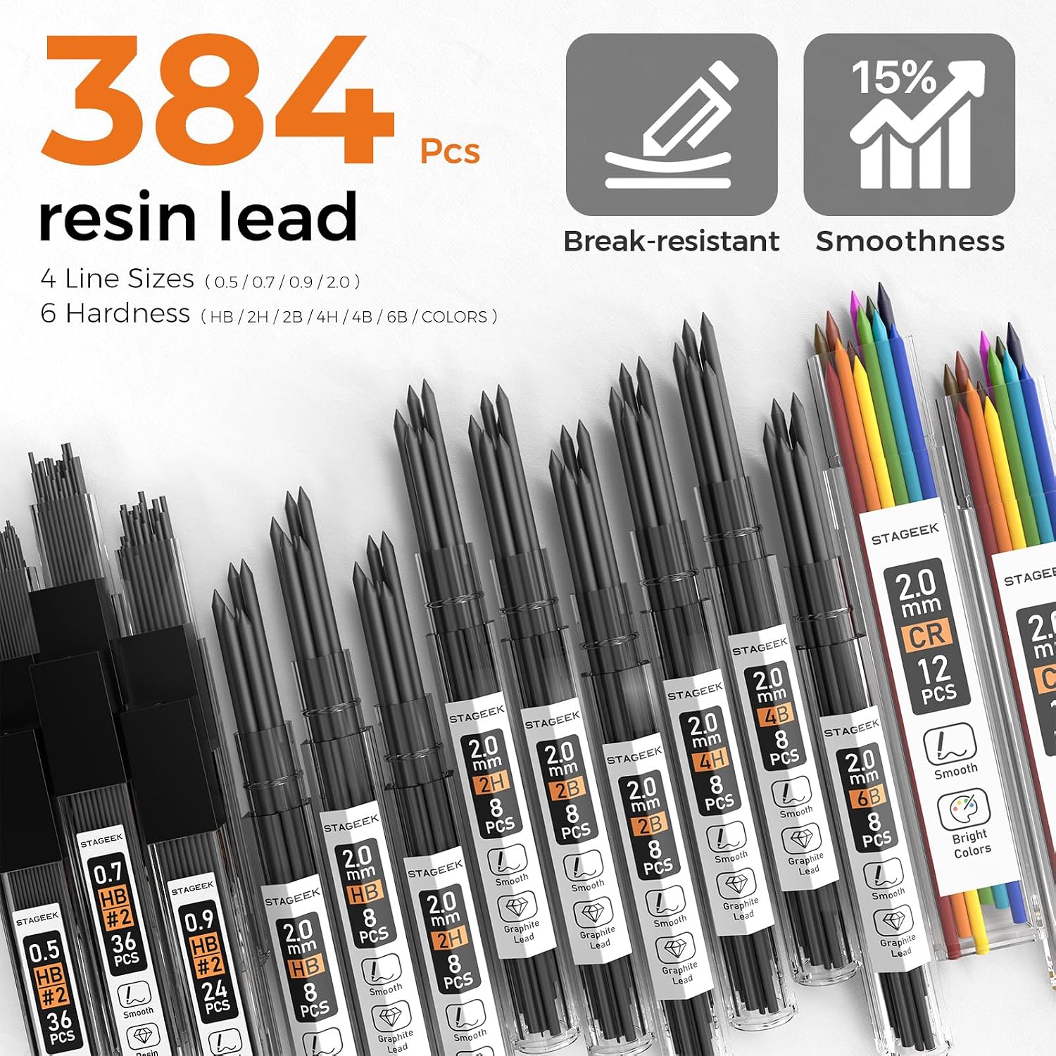 Detalle de STAGEEK 6-Stück Druckbleistift-Set – Metallgehäuse, 0,5/0,7/0,9/2,0 mm Minen, 384 Nachfüllminen, schwarz