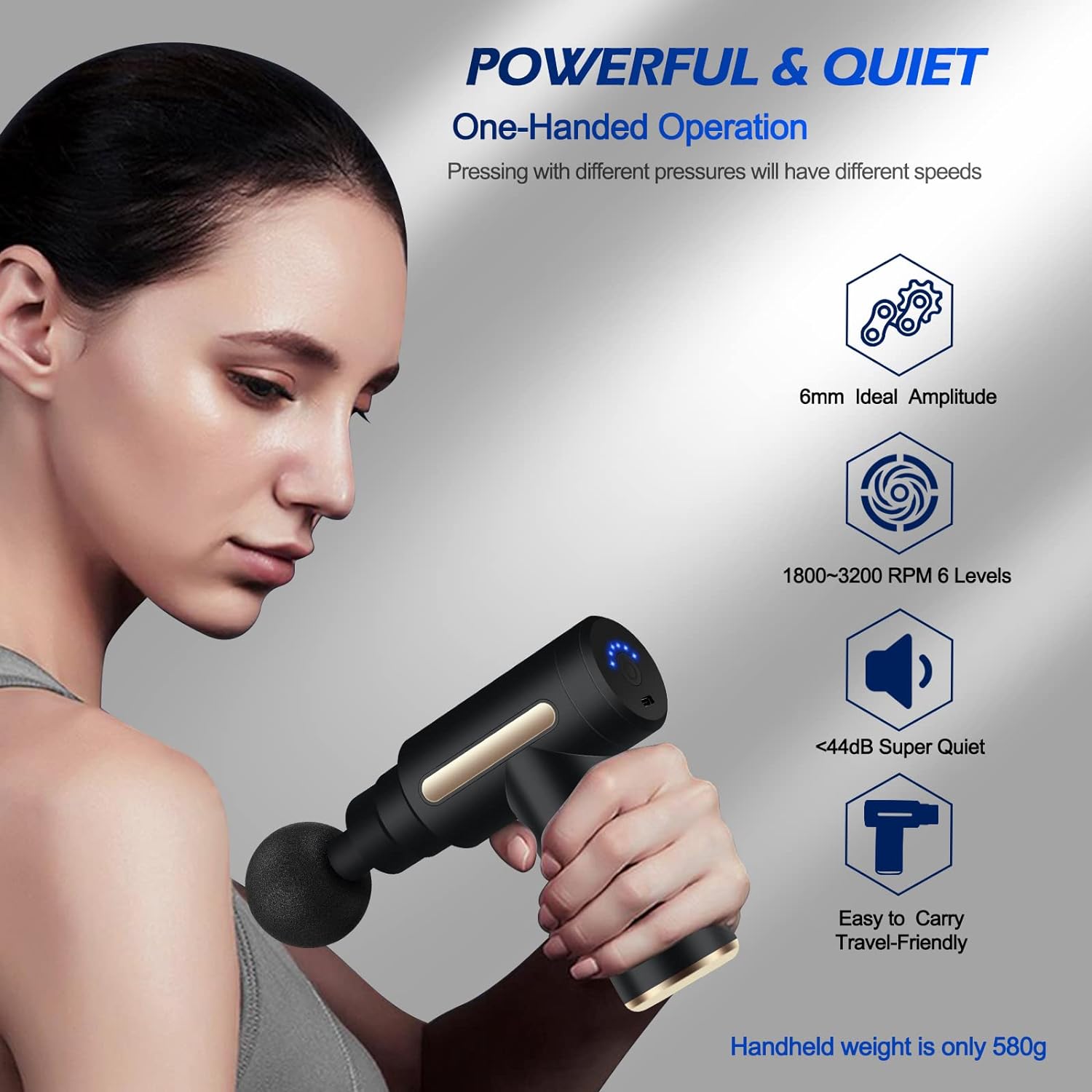 Detalle 2 de Uplayteck Mini Massage Gun Deep Tissue (Portable) with 6 Speeds, 4 Heads, 1800mAh Battery & Type-C Charging