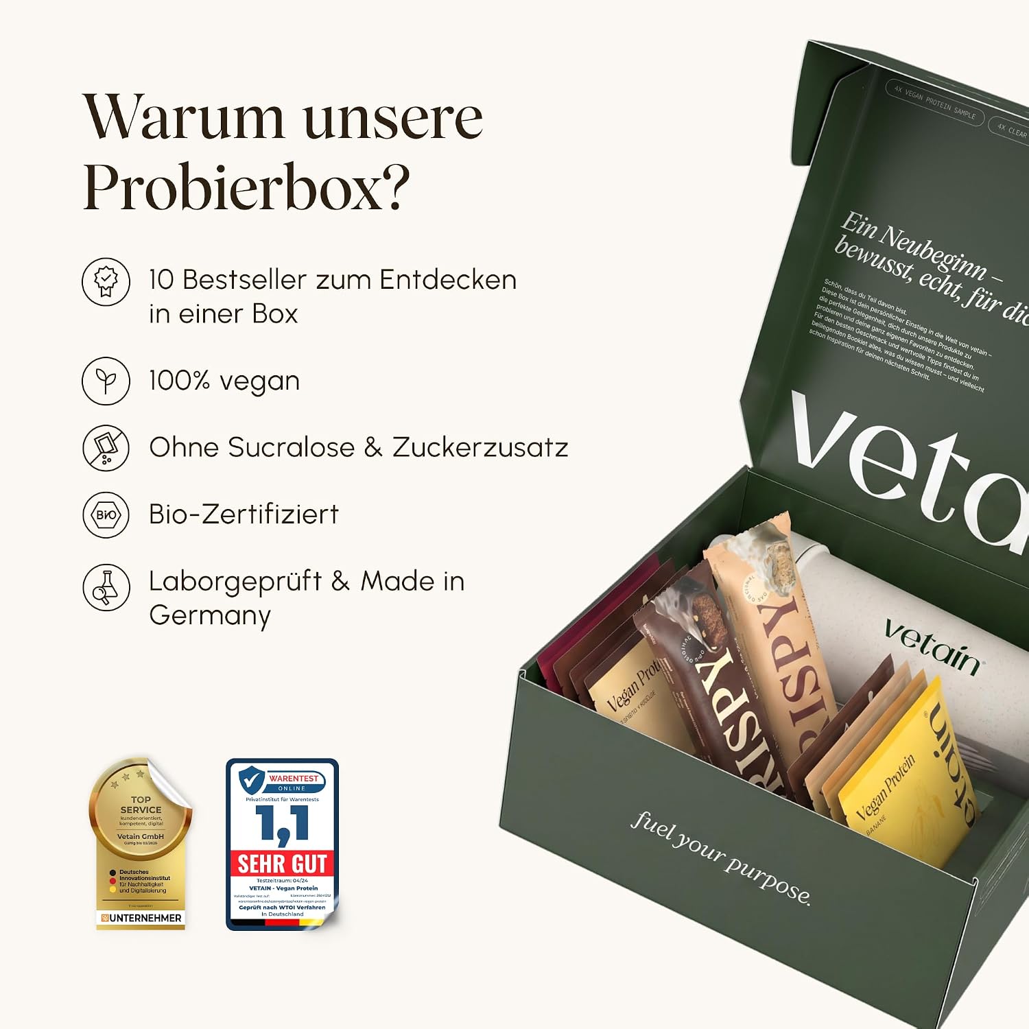 Detalle de VETAIN Protein Probierpaket + Gratis Shaker – 8 vegane Proteinpulver, 2 Crispy Riegel und Shaker