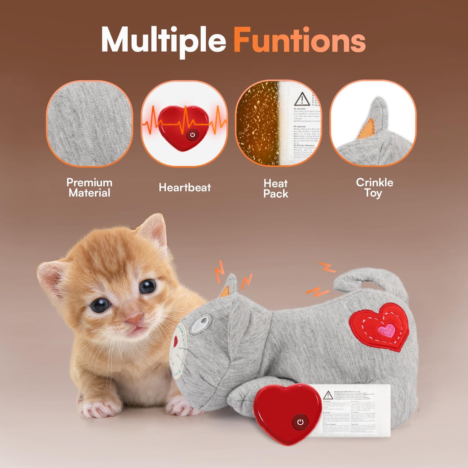 Detalle de All For Paws Heartbeat Cat Plush Toy (Grey Kitty with Heartbeat) – calming kitten companion