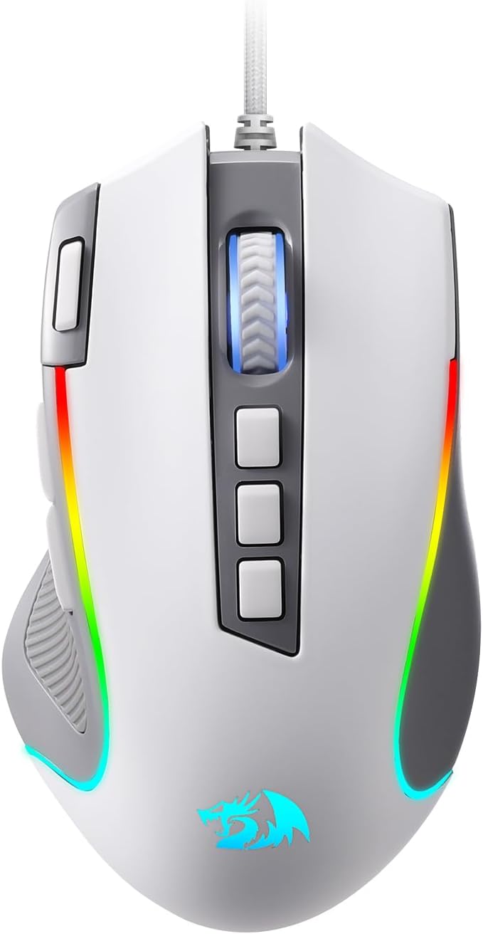 Detalle de Redragon M612 RGB Gaming Maus (kabelgebunden, 8000 DPI, 11 programmierbare Tasten) – Grau & Weiß