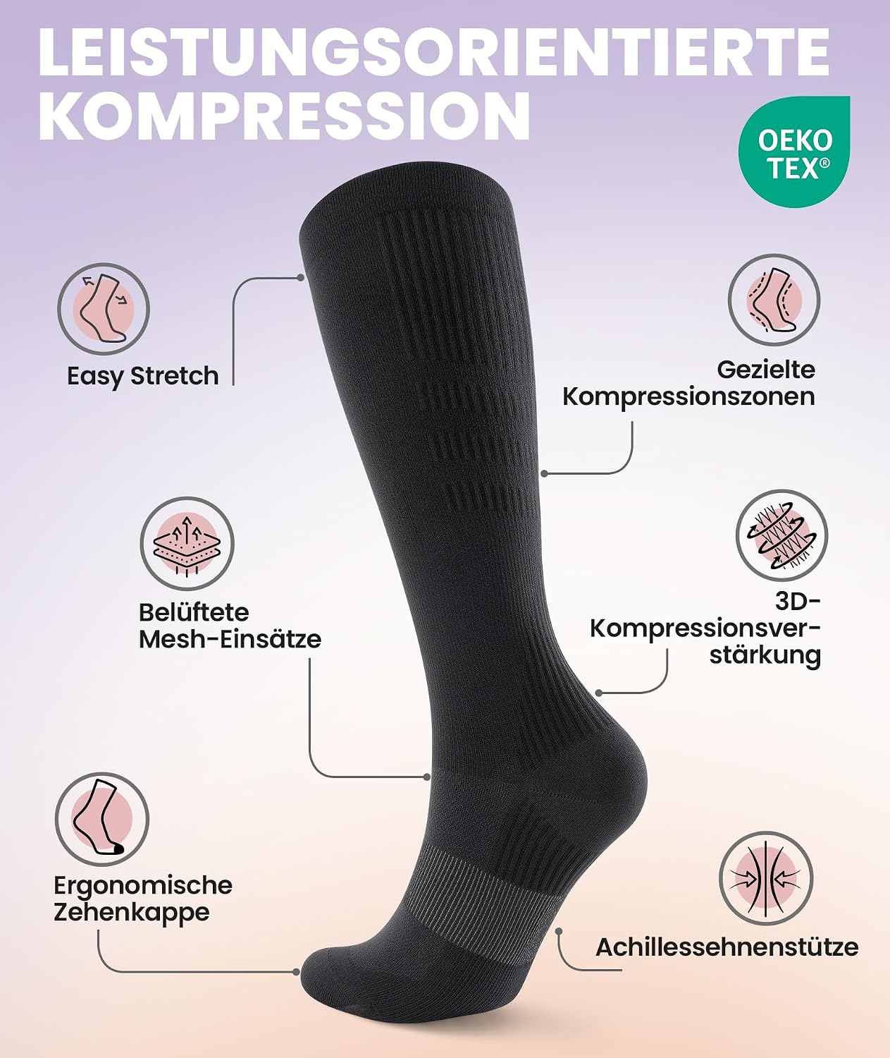 Detalle de Ruixue Kompressionsstrümpfe 20–30 mmHg, unisex – 2 Paar, gestaffelte Kompression, atmungsaktiv für Sport, Flugreisen und langen Sitz