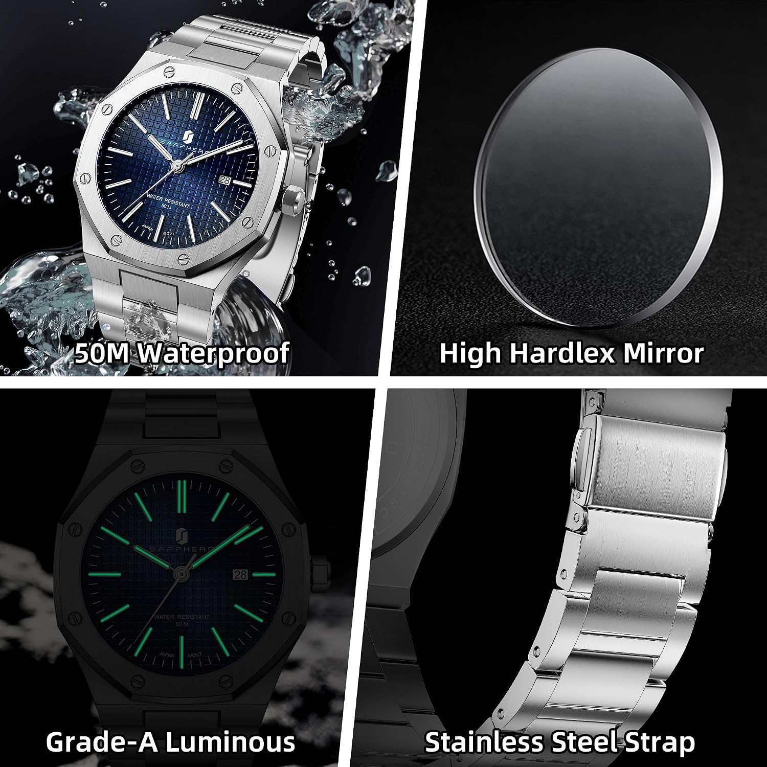 Detalle 2 de SAPPHERO montre homme octogonale en acier à quartz japonais – cadran damier, étanchéité 10/30M