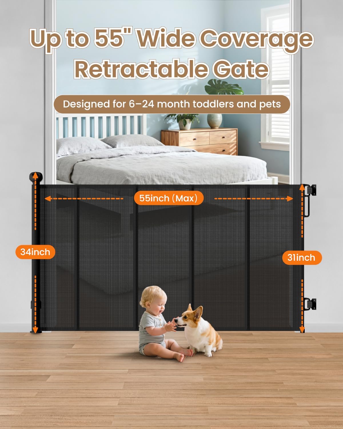 Detalle de BBsecure SG025 Retractable Baby Gate, 55-Inch Wide, 34-Inch Tall Mesh