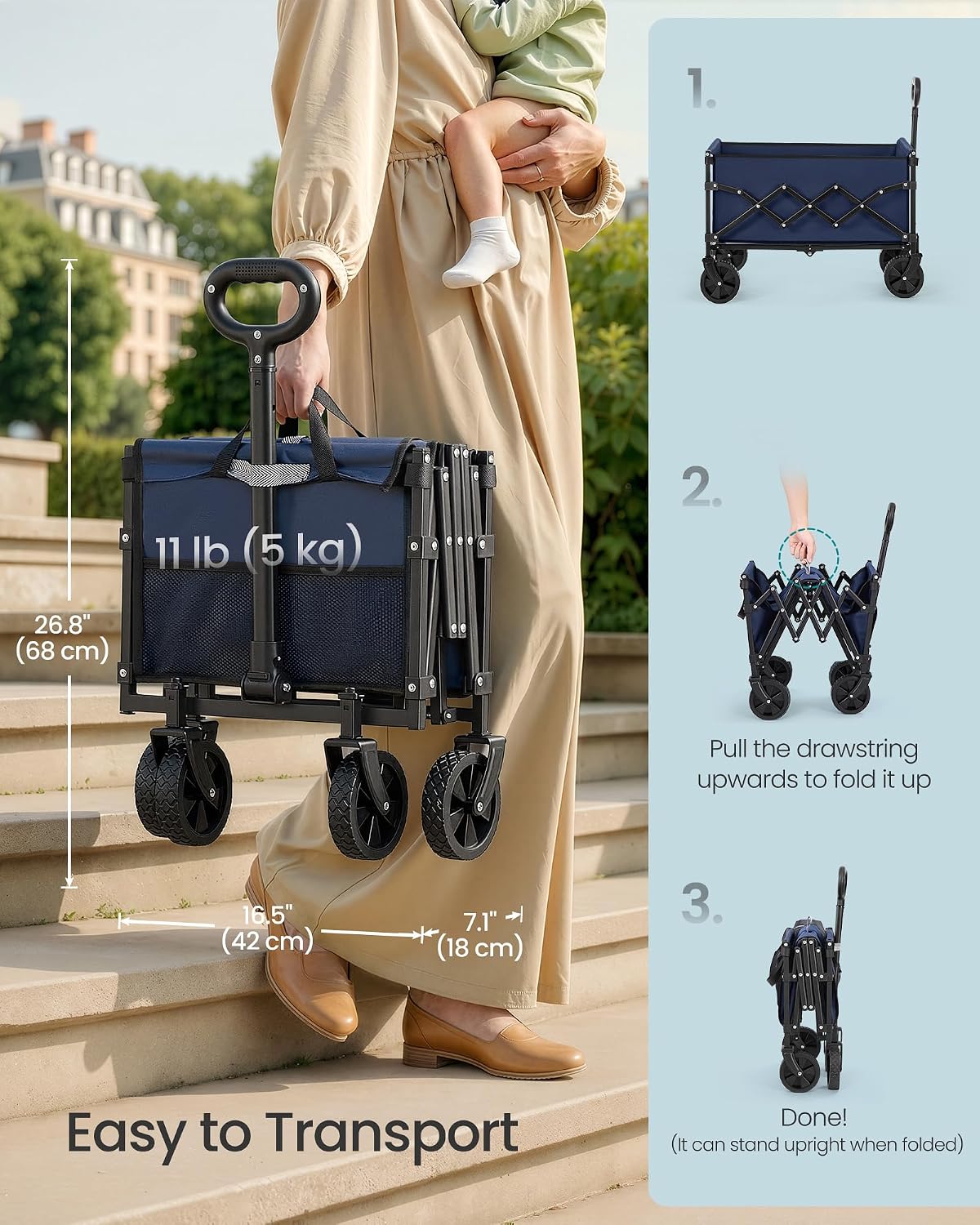 Detalle de SONGMICS UGFW909QE01 Folding Wagon, 90 L, 180 kg Capacity, Midnight Blue
