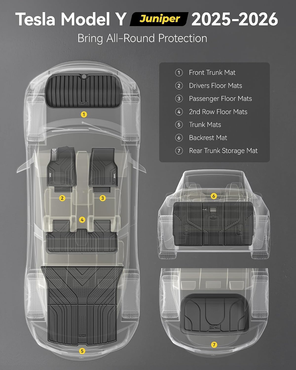 Thumbnail 2 de 3W Tesla Model Y Juniper 2025-2026 Floor Mats with Vigormold™ TPE (9-Piece Set)
