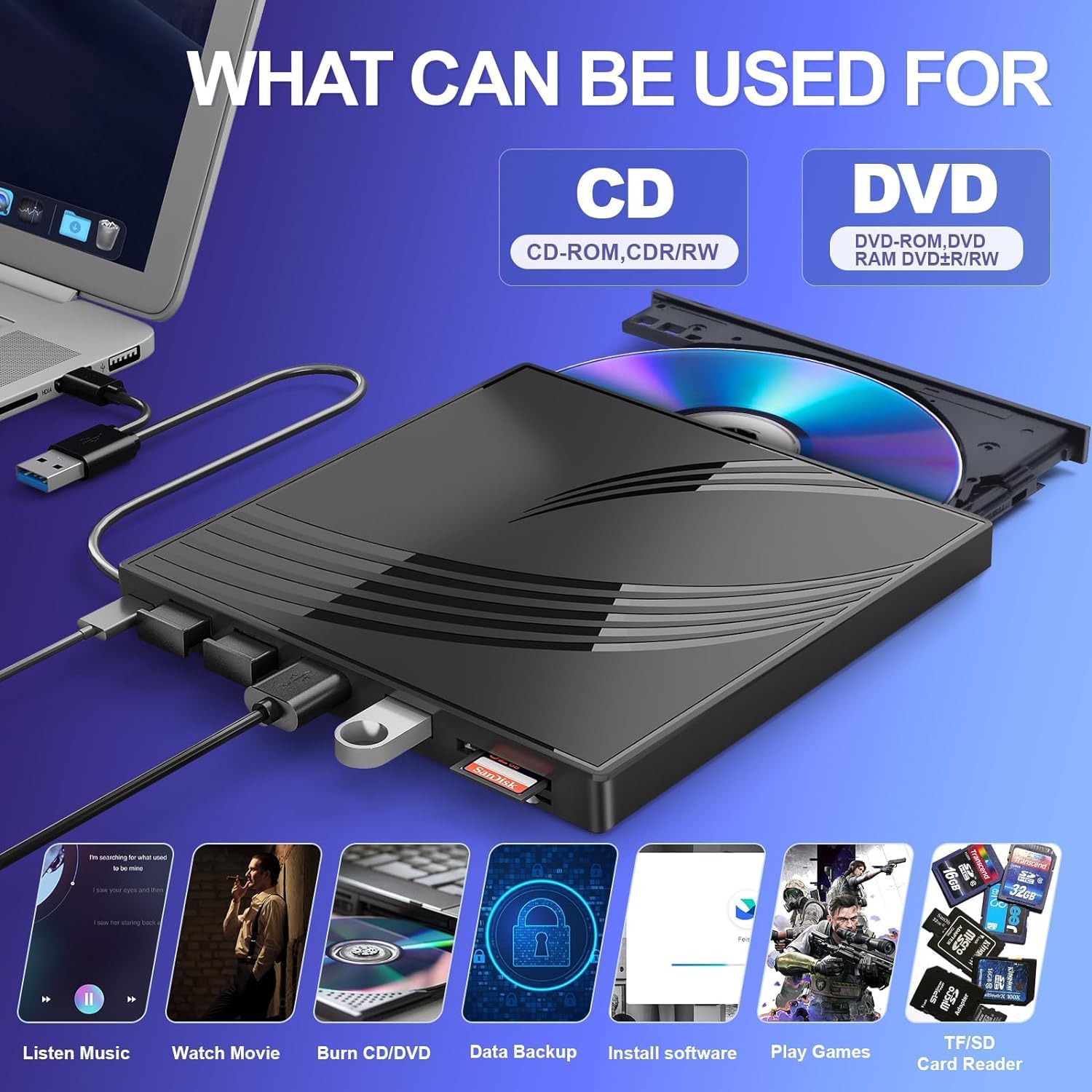 Detalle 2 de BPAKDU B31-Y2 External CD/DVD Drive with USB-A, USB-C, and Card Slots