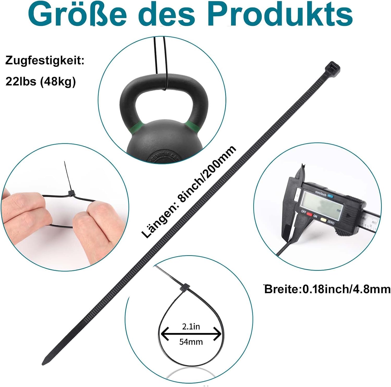 Detalle de 500 Stück Kabelbinder Schwarz, 200 mm x 4,8 mm – UV-beständig, 22 kg Zugfestigkeit