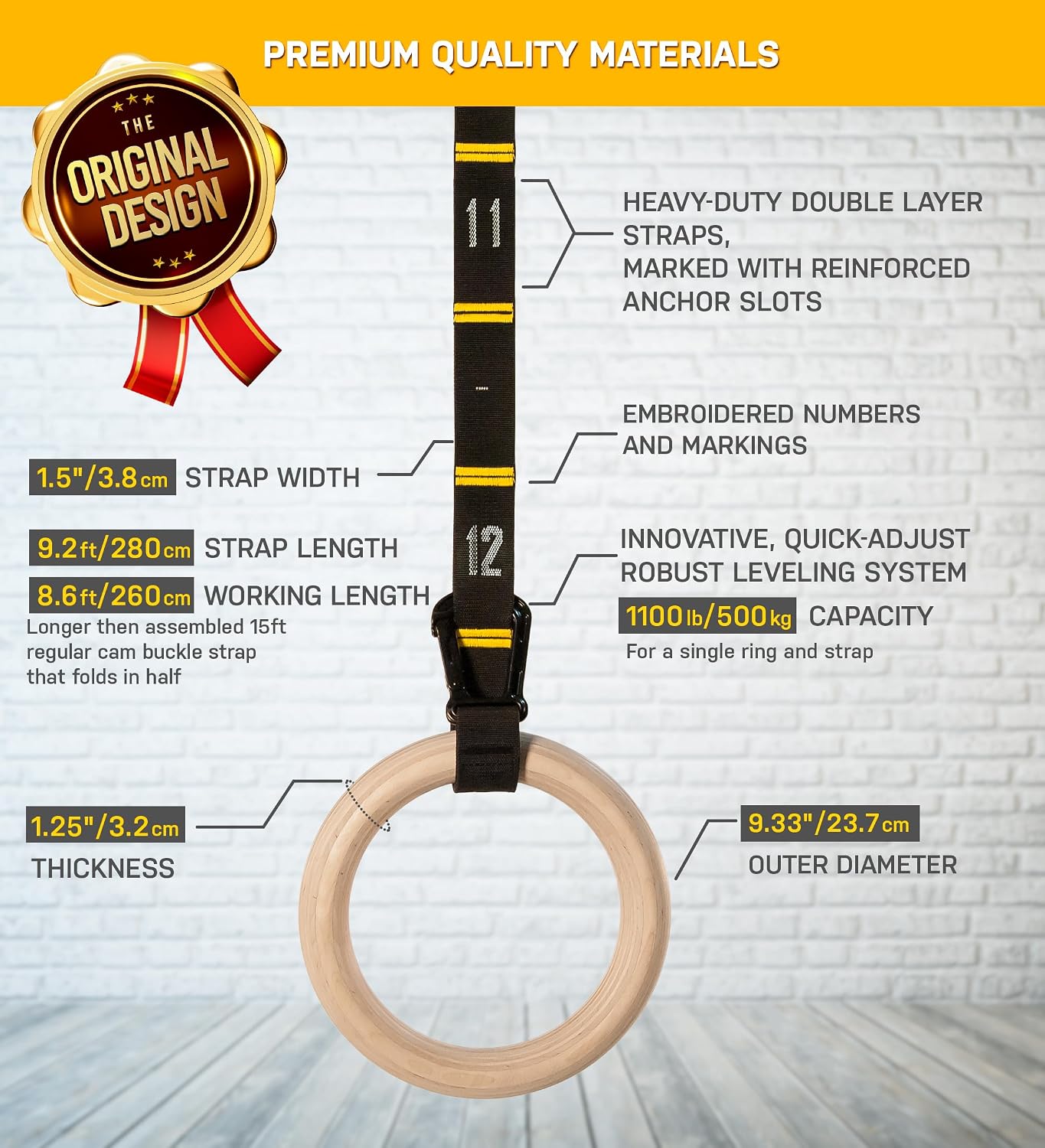 Detalle de Double Circle Gymnastic Rings And Straps 木製体操リング 1.25インチ・番号付きストラップ