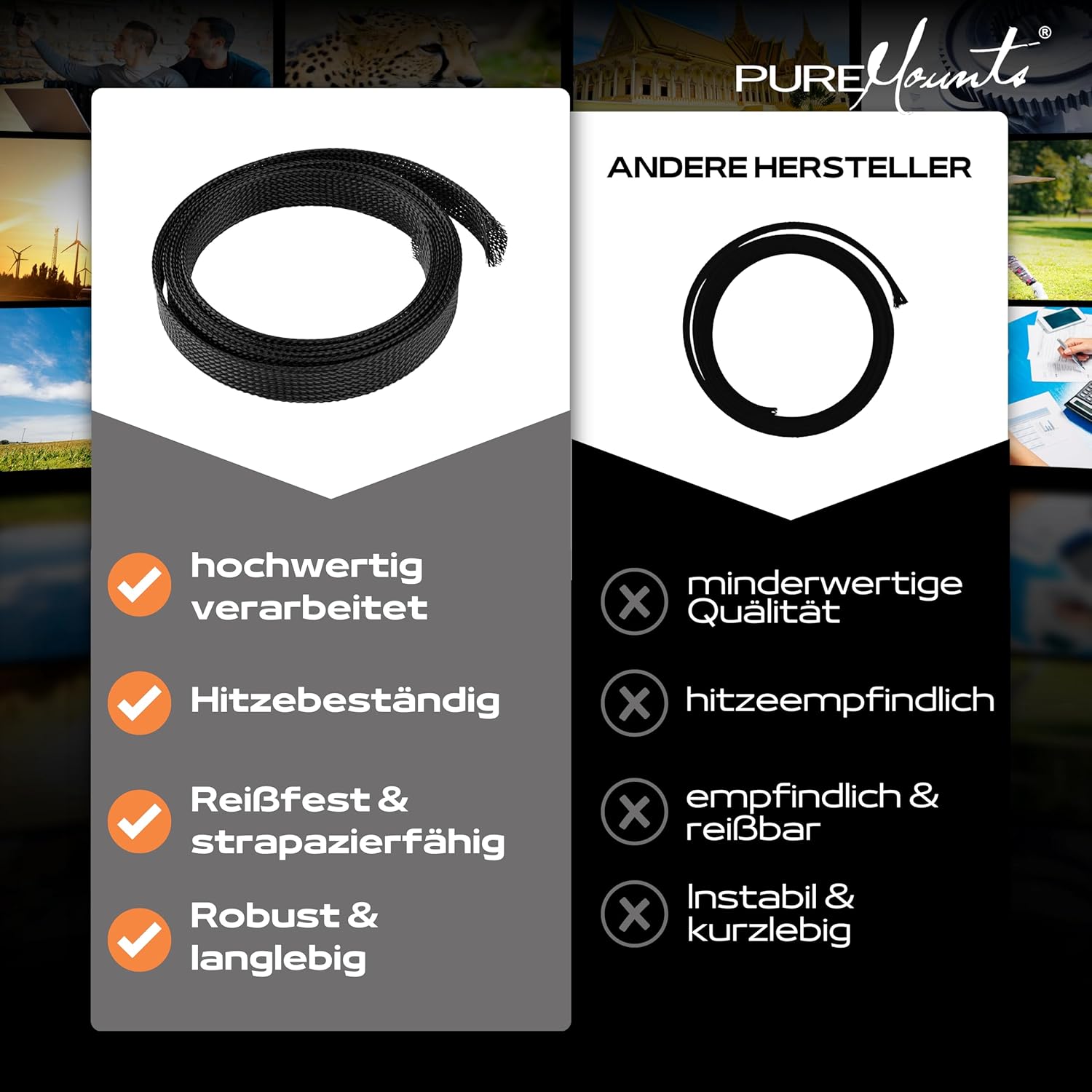 Thumbnail 4 de PureMounts PM-SOCKS-20B-50 Universeller Polyester-Kabelschlauch (selbst zusammenziehend), Ø 20 mm, schwarz, Rolle 50 m