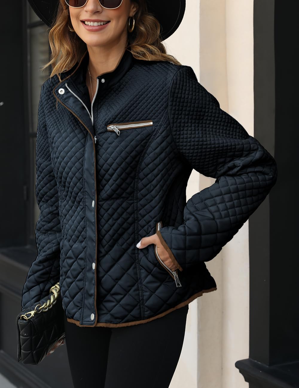 Detalle de Bellivera Women's Fleece-Lined Diamond Quilted Puffer Jacket with Stand Collar